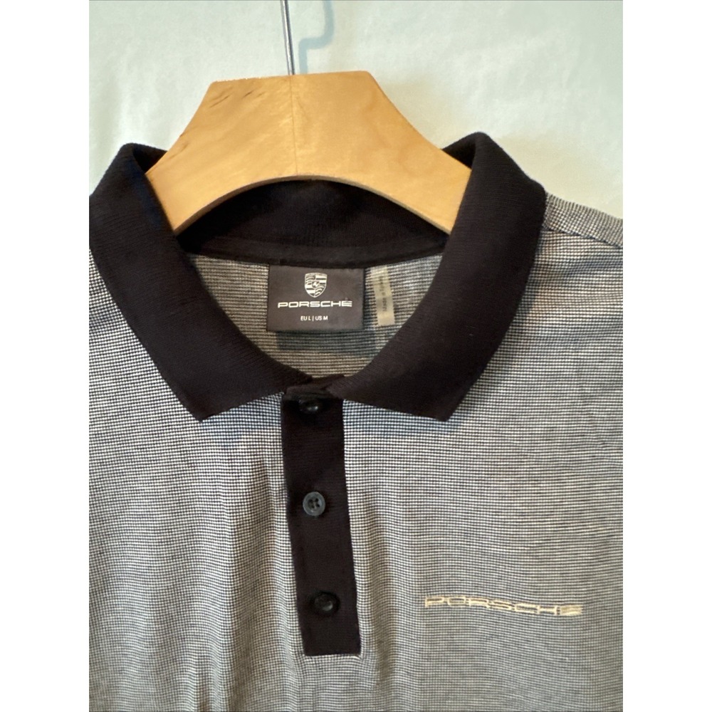 Porsche Polo Shirt Mens M Grey Black Micro Houndstooth Pattern Gold Logo NWOT